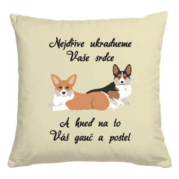 Polštář bavlněný s potiskem Corgi krádež srdce, gauče a postele na polštáři